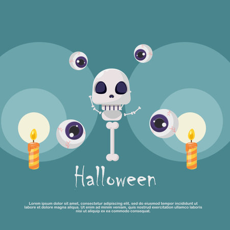 Halloween vector illustration. Cute cartoon spooky skeleton with eyes.のイラスト素材