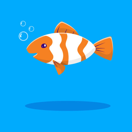 Cute cartoon fish on a blue background. Vector illustration in flat style.のイラスト素材