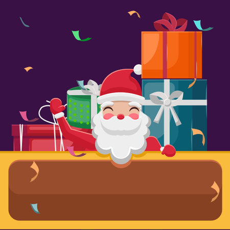 Santa Claus with gift boxes and wooden signboard. Vector illustration.のイラスト素材