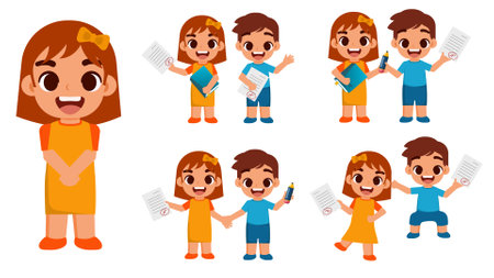 Cute little girl cartoon character vector set. Cheerful kid with school supplies isolated on white backgroundのイラスト素材