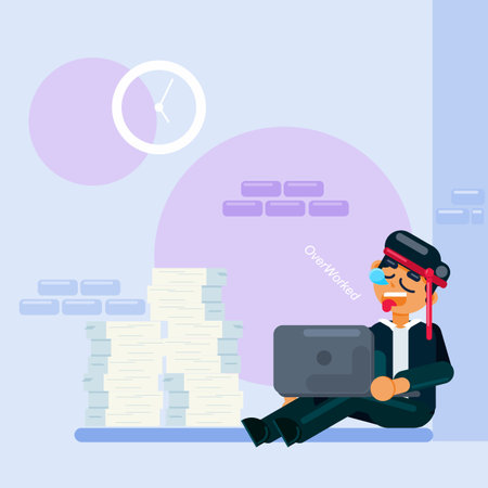 Policeman sitting on the floor with laptop. Flat vector illustration.のイラスト素材