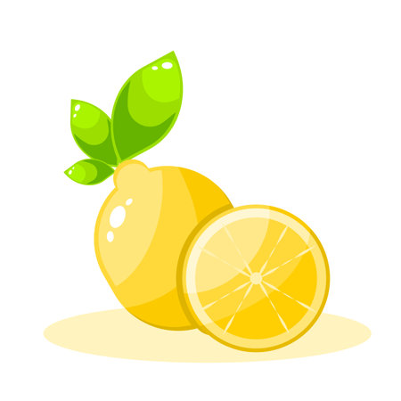 Lemon with leaves on a white background. Vector illustration in flat style.のイラスト素材