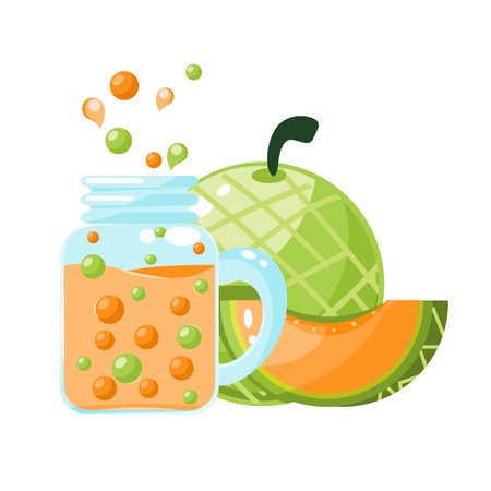 Melon smoothie in glass jar with slice of melon vector Illustrationのイラスト素材