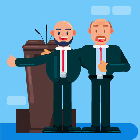 Businessman and politician speaking in front of tribune. Vector illustrationのイラスト素材