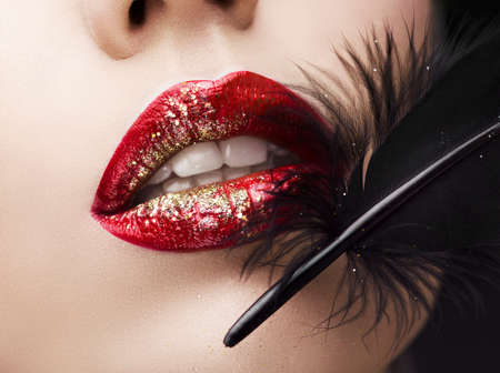 Lips with red lipstickの写真素材