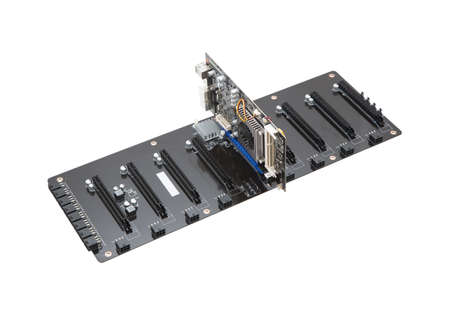 Computer motherboard with processor and fun for mining cryptocurrency isolated on white background