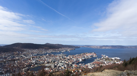 City and Port of Bergen, Norway, from Mount Floyenの写真素材