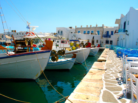 Boats parked in front of a tavern in Paros Island, Greeceのeditorial素材
