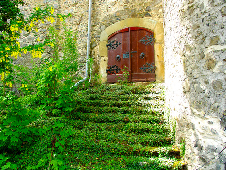 Stairway leading up a side entrance of a castle in Germany, surrounded by rich natureのeditorial素材