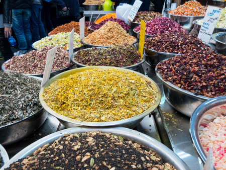 Grains and spices for sale on Machane Yehudah street market in Jerusalem, Israelの写真素材
