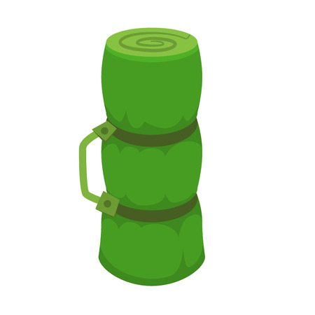 Green camping sleeping bag on white in flat and cartoon styleのイラスト素材