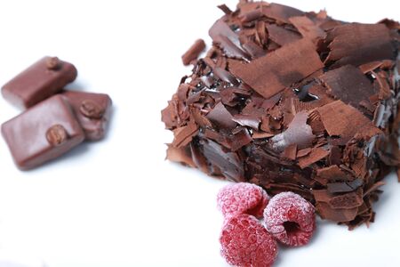 Chocolate pie brownie with raspberryの写真素材