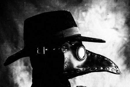 steempunk plague doctor costume for halloween with leatherの写真素材