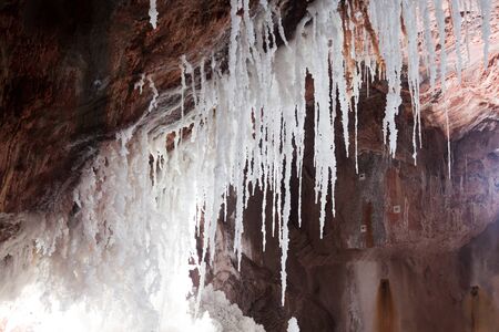 view of White natural salty stalactites  at   salt caveの写真素材
