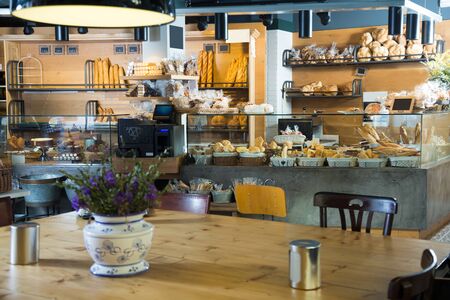 Modern bakery with different kinds of breadの写真素材