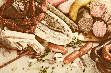 pile of delicious sausages of various kindsの写真素材