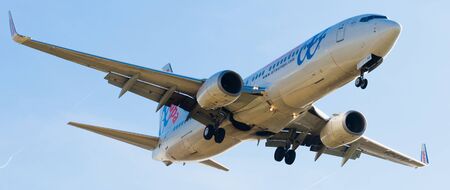 BARCELONA, SPAIN - MARCH 09, 2017:  Air Europa plane landing in El Prat Airport on time. Barcelona, Spainのeditorial素材