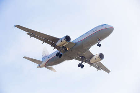 BARCELONA, SPAIN - MARCH 09, 2017:  Aegean Airlines plane landing in El Prat Airport on time. Barcelona, Spainのeditorial素材