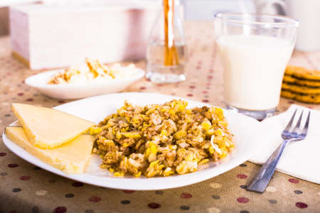 plate with cereal porridge and cheese  for wholesome breakfastの写真素材