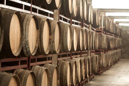 storage with row of aged wooden wine barrelsの写真素材