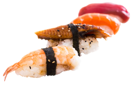 series of four kinds Nigirisushi. focus on fresh ebi. isolatedの写真素材