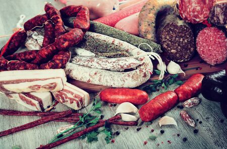 pile of delicious sausages of various kindsの写真素材