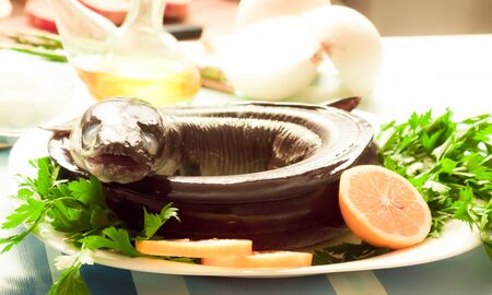 Image of freshness fish eel and vegetables on the plate at the tableの写真素材