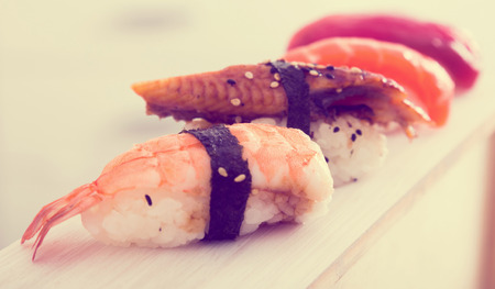Series of four kinds Nigirisushi. Focus on appetizing ebiの写真素材
