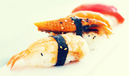 Series of four kinds japanese Nigirisushi. Focus on ebiの写真素材