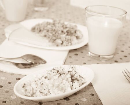 healthy wholesome breakfast of cheese, cereal and milkの写真素材
