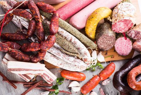 pile of delicious sausages of various kindsの写真素材