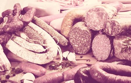 pile of delicious sausages of various kindsの写真素材