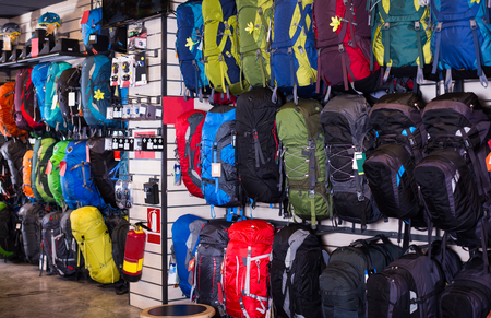 variety of hiking backpacks in sports shopの写真素材
