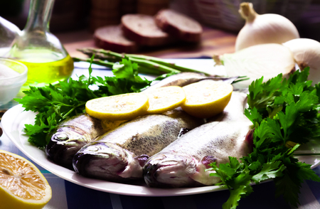 Image of freshness trout and vegetables on the plate at the tableの写真素材