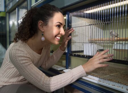 Portrait of happy smiling girl watching singing birds in petshopの写真素材
