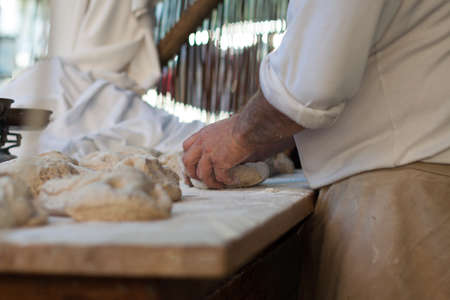 Hands of baker knead the dough on a tableの写真素材