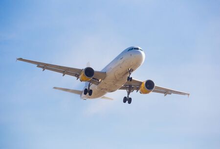 BARCELONA, SPAIN - MARCH 09, 2017:  Vueling Airlines plane arriving at El Prat Airport on schedule. Barcelona, Cataloniaのeditorial素材