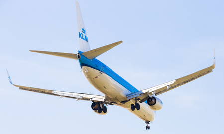 BARCELONA, SPAIN - MARCH 09, 2017:  KLM Airlines plane landing in El Prat Airport on time. Barcelona, Spainのeditorial素材