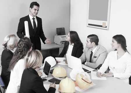 building chief speech at meeting in officeの写真素材