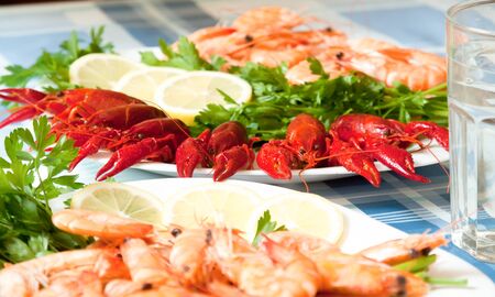 cooked prawns and crayfish served on plate close upの写真素材