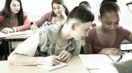 European student write off from notebook Aframerican studentgirl in classroomの写真素材