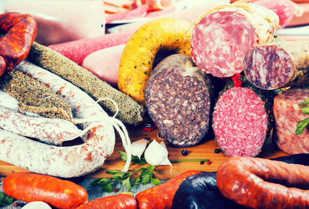 pile of delicious sausages of various kindsの写真素材