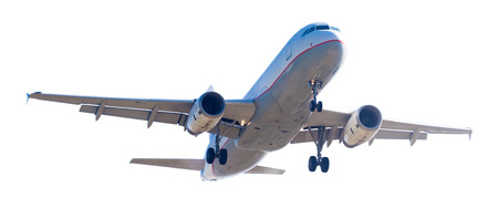 flying modern airplane on isolated white backgroundの写真素材