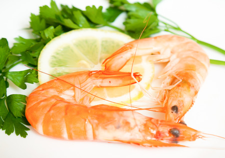 two prawns served in form of heart izolatedの写真素材