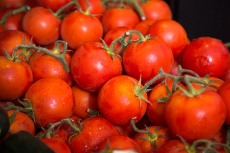 red fresh tomatoes on branch on counterの写真素材