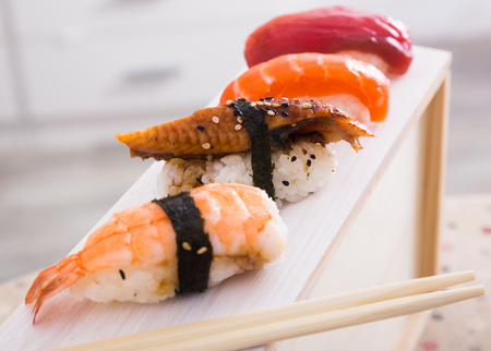 series of four kinds Nigirisushi. focus on fresh unagiの写真素材