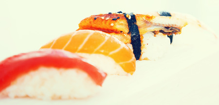 series of four kinds Nigirisushi. focus on unagiの写真素材