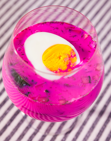 appetizing Belarusian cold beet soup in verrin glassの写真素材