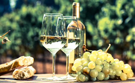 glass of White wine grapes and bread on table in fieldの写真素材