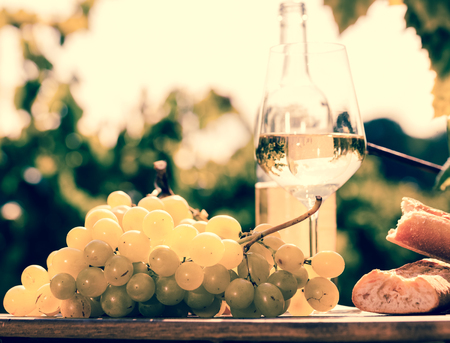 glass of White wine grapes and bread on table in fieldの写真素材